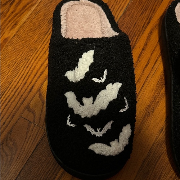 Gothic Bat Cozy Black and White Slippers With Pink Fluffy Interior - Picture 3 of 3